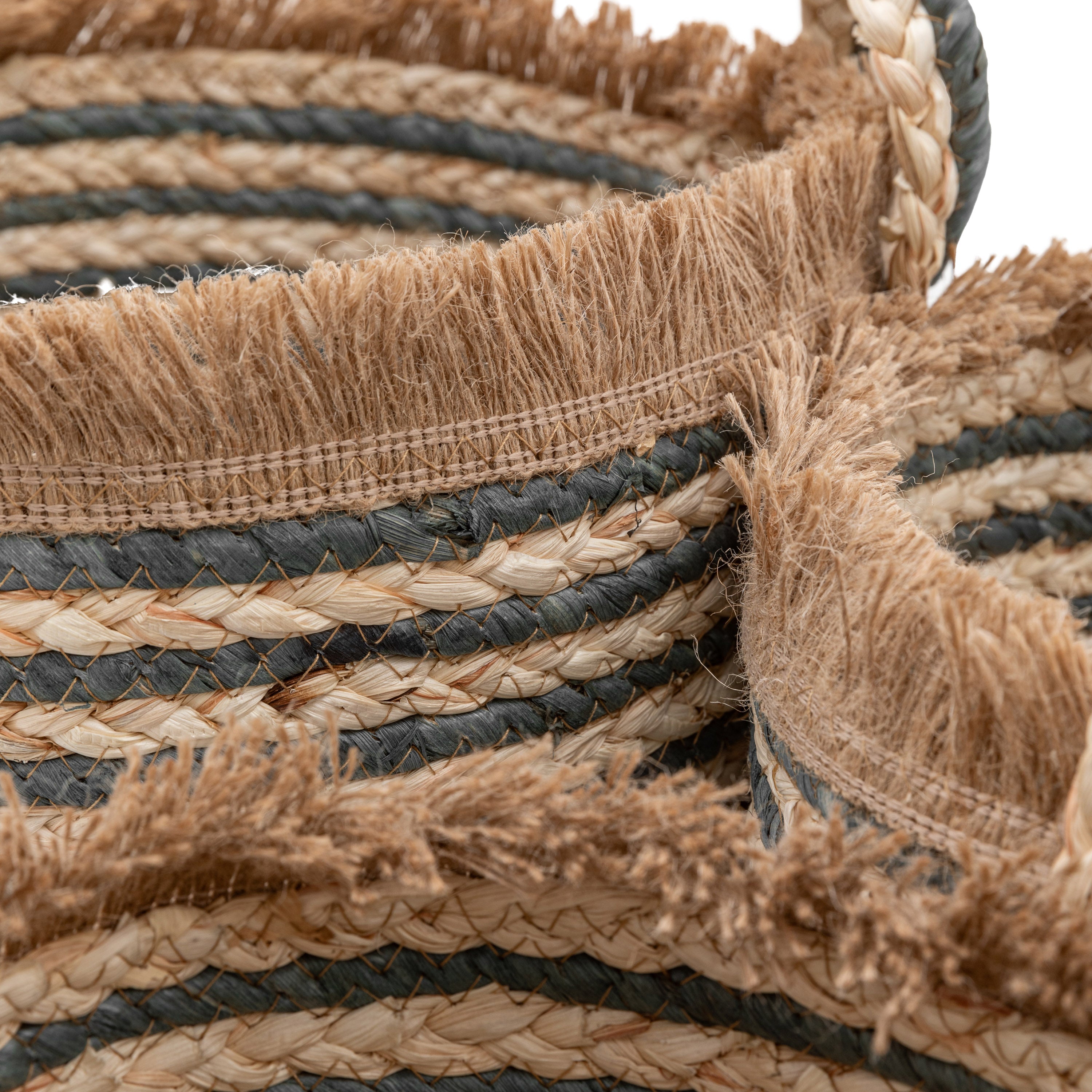 Set of 3 Fringed Woven Baskets Ink Stripe